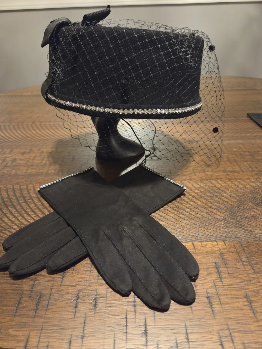 Vintage Veiled Pillbox Hat with Rhinestone Trim and Matching Gloves